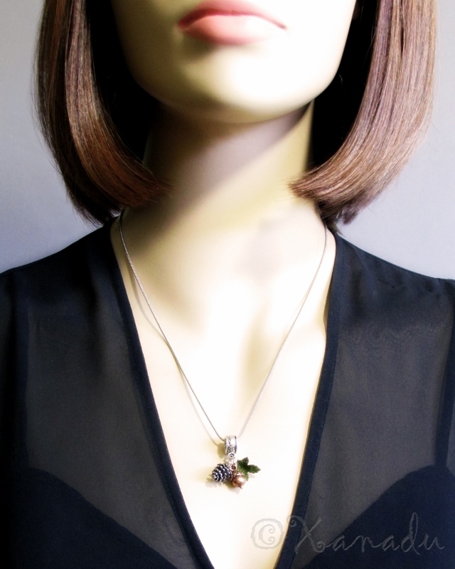 Autumn Fall Pendant Necklace With Silver Pine Cone, Copper Acorn And Green Leaf