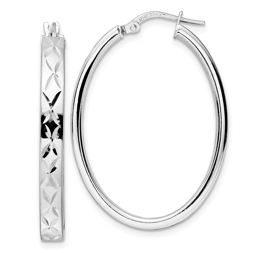 36.3mm Sterling Silver Polished Diamond-cut Oval Hoop Earrings QLE1374
