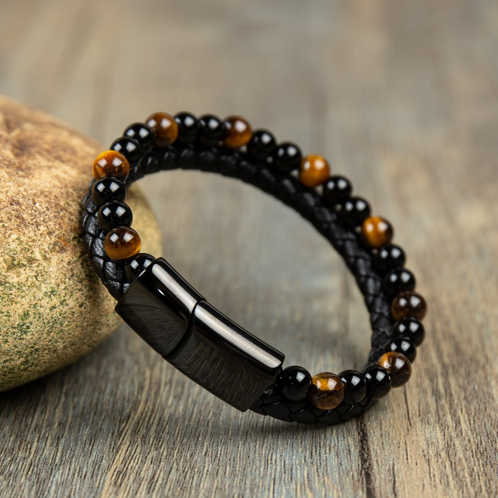 Natural Tiger Eye 2 Strand Men’s Braided Leather Bangle with Magnetic Clasp Gift