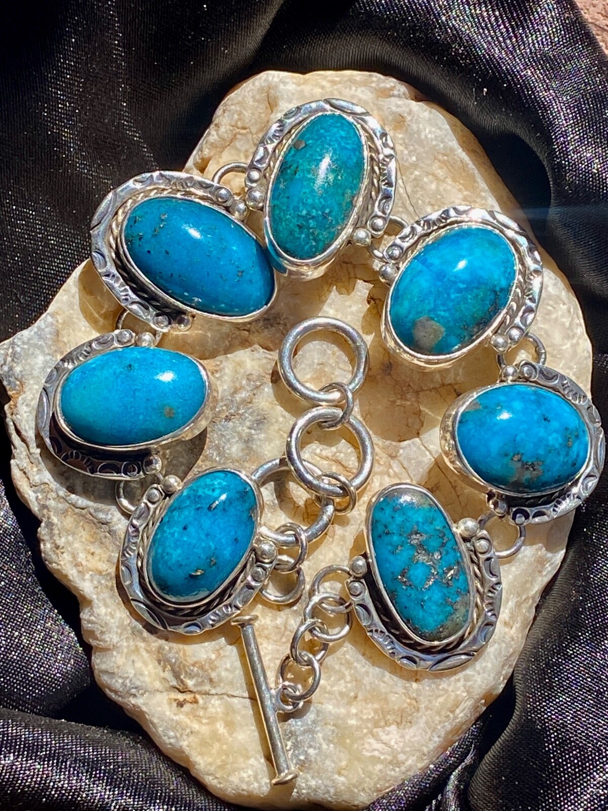49.05 Gram Turquoise Persian Blue Cabochon Bracelet Bezel Sterling Silver Ttl Wt