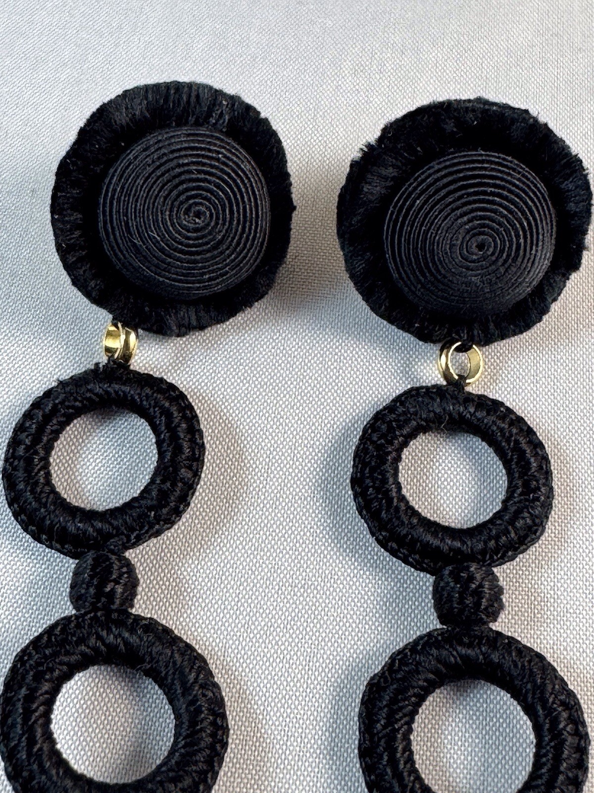 LEYLA GANS Gold Tone Amelie Wrapped Cord Drop Earrings ~ Black silk cord~Pierced