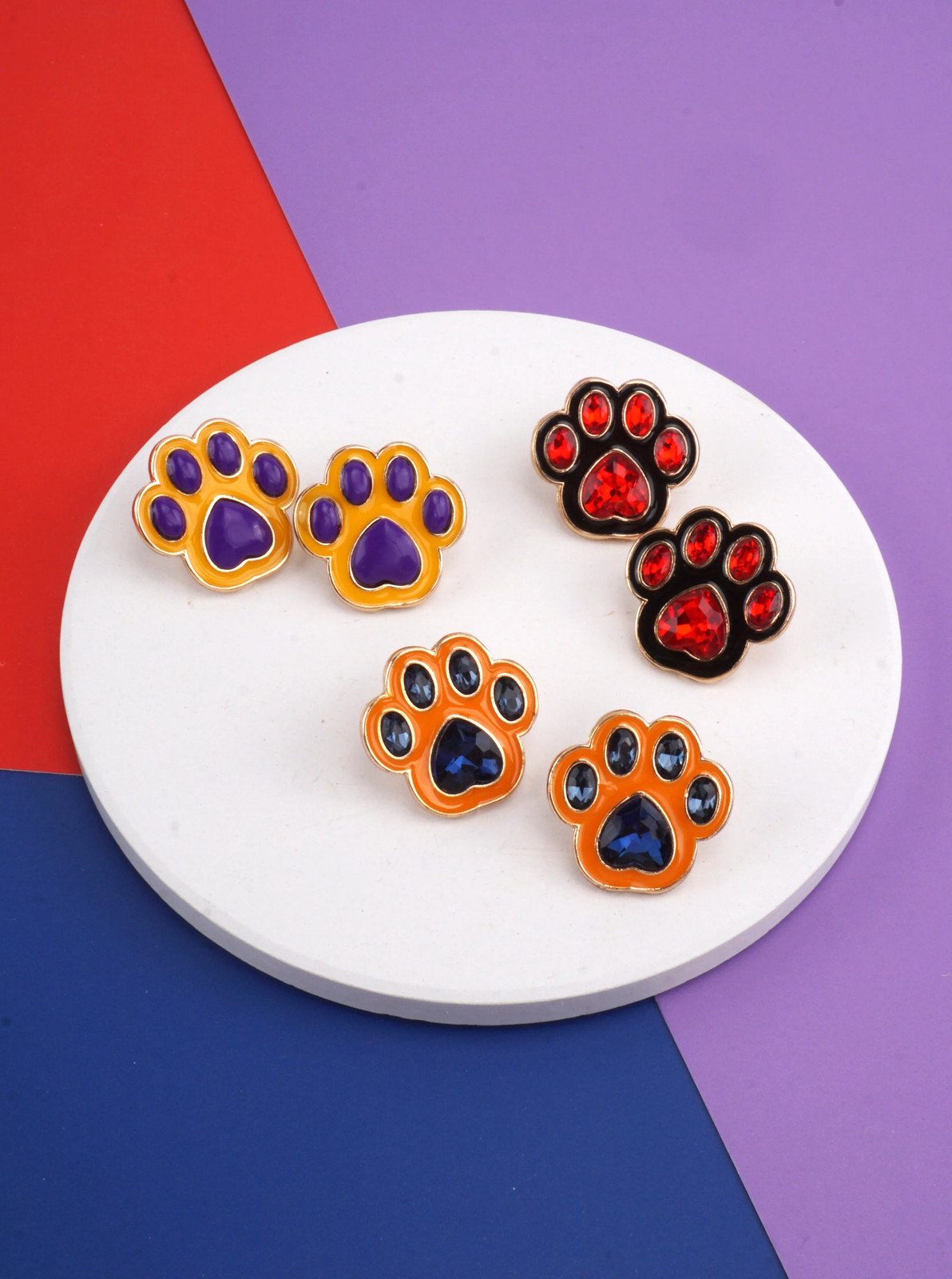 Paw Print Stud Earrings 0.8in, Rhinestone Enamel, Gameday Team Colors