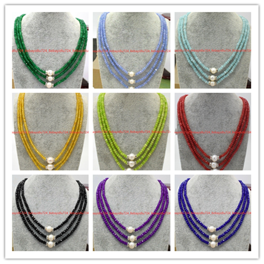 3 Rows Faceted 2x4mm Multicolor Gems & 8-9mm White Pearl Necklace 17-19 in