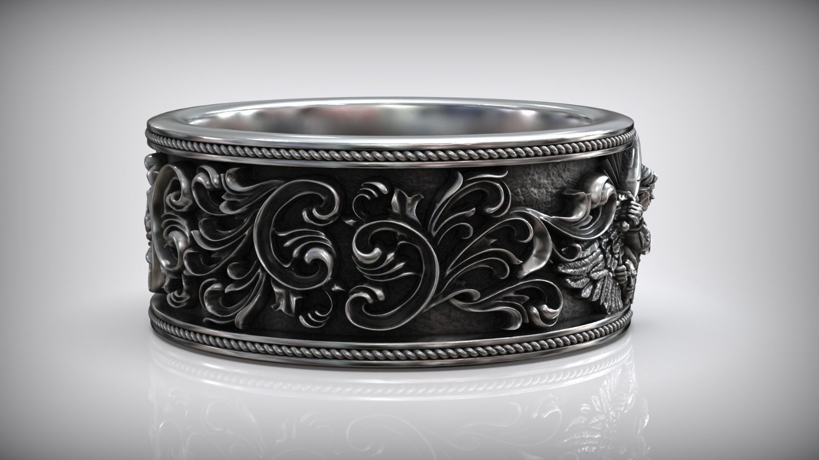 Oxidized Saint Michael Archangel With Sword & Demon Head 925 Silver Wedding Band