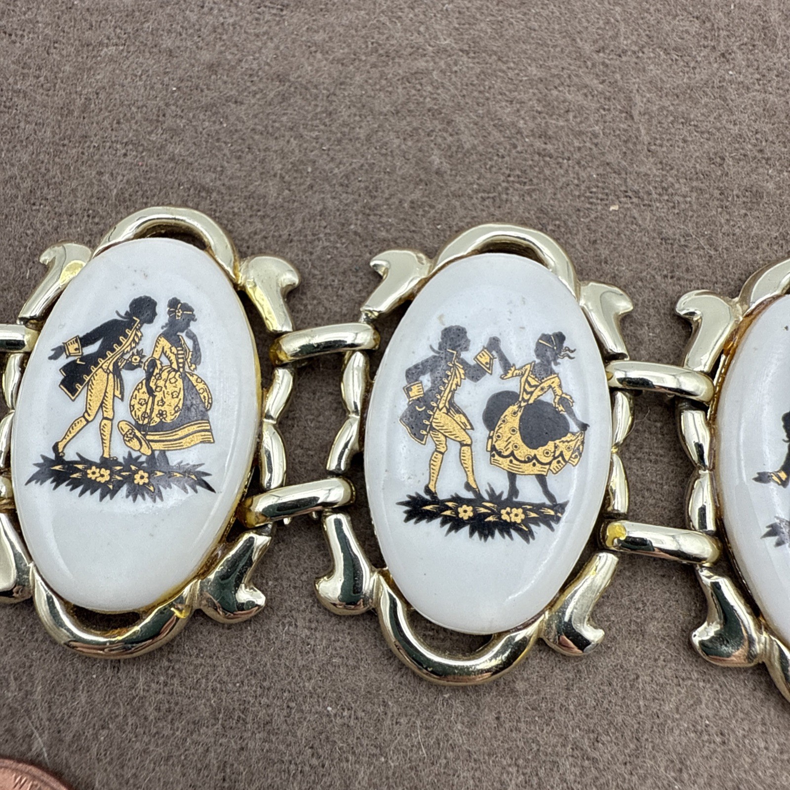 Vintage Countess Porcelain Courting Couple Bracelet Black Gold on White