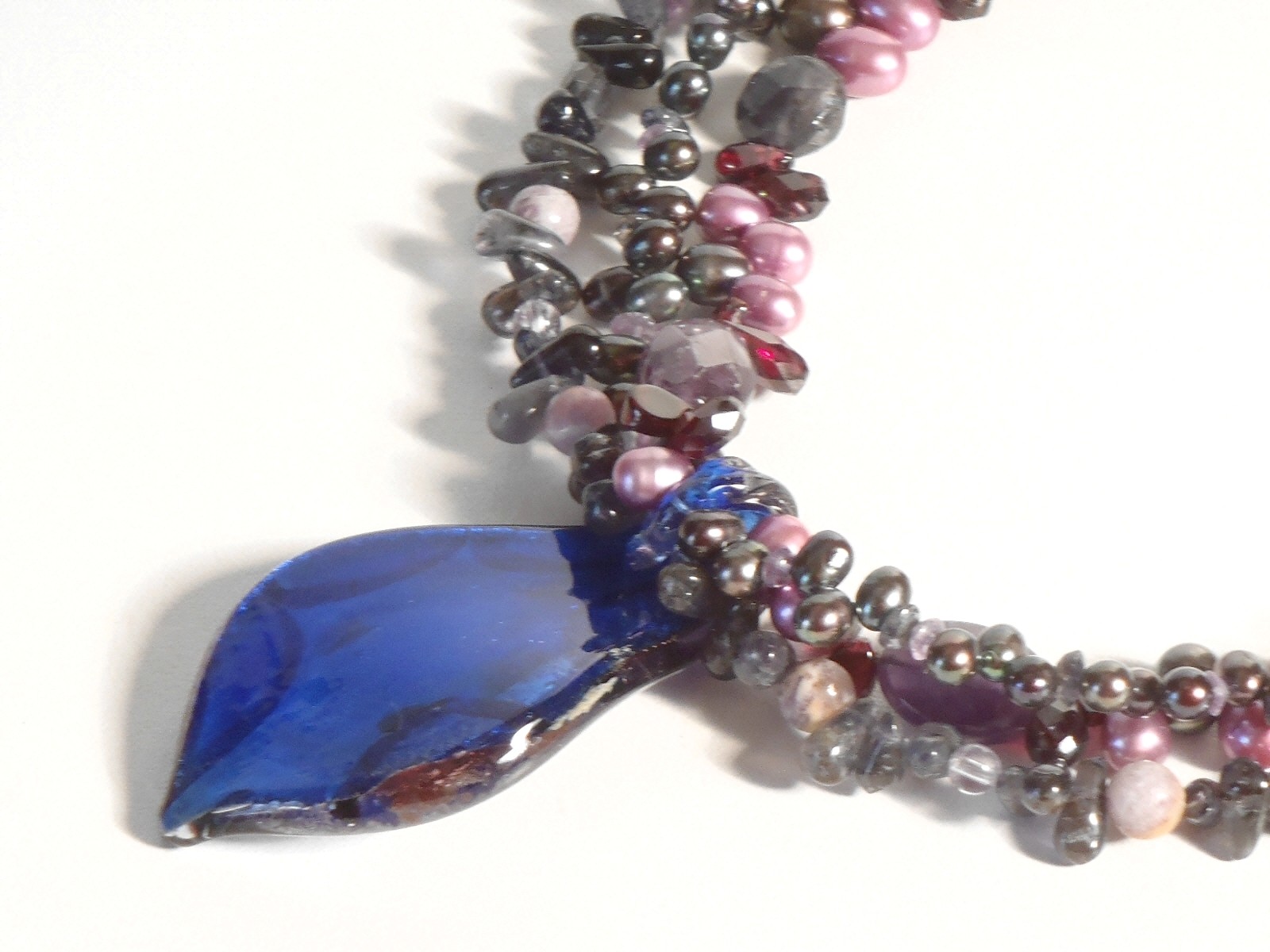 Shades of Purple Glass & Pearl Beaded Triple Strand Necklace Art Glass Pendant
