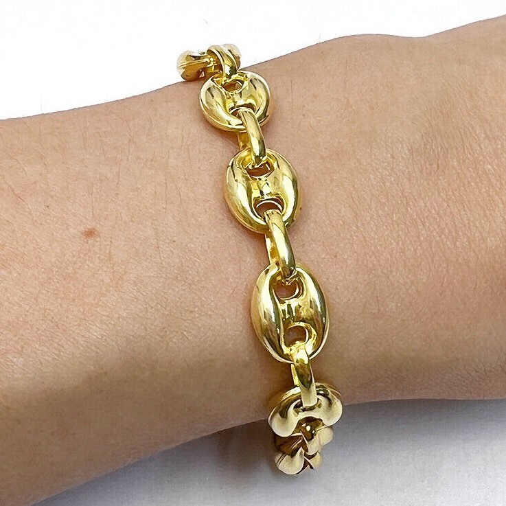 Solid 18K Yellow Gold Over Silver 9mm Puffed Anchor Mariner Bracelet 7.5″-9.25″