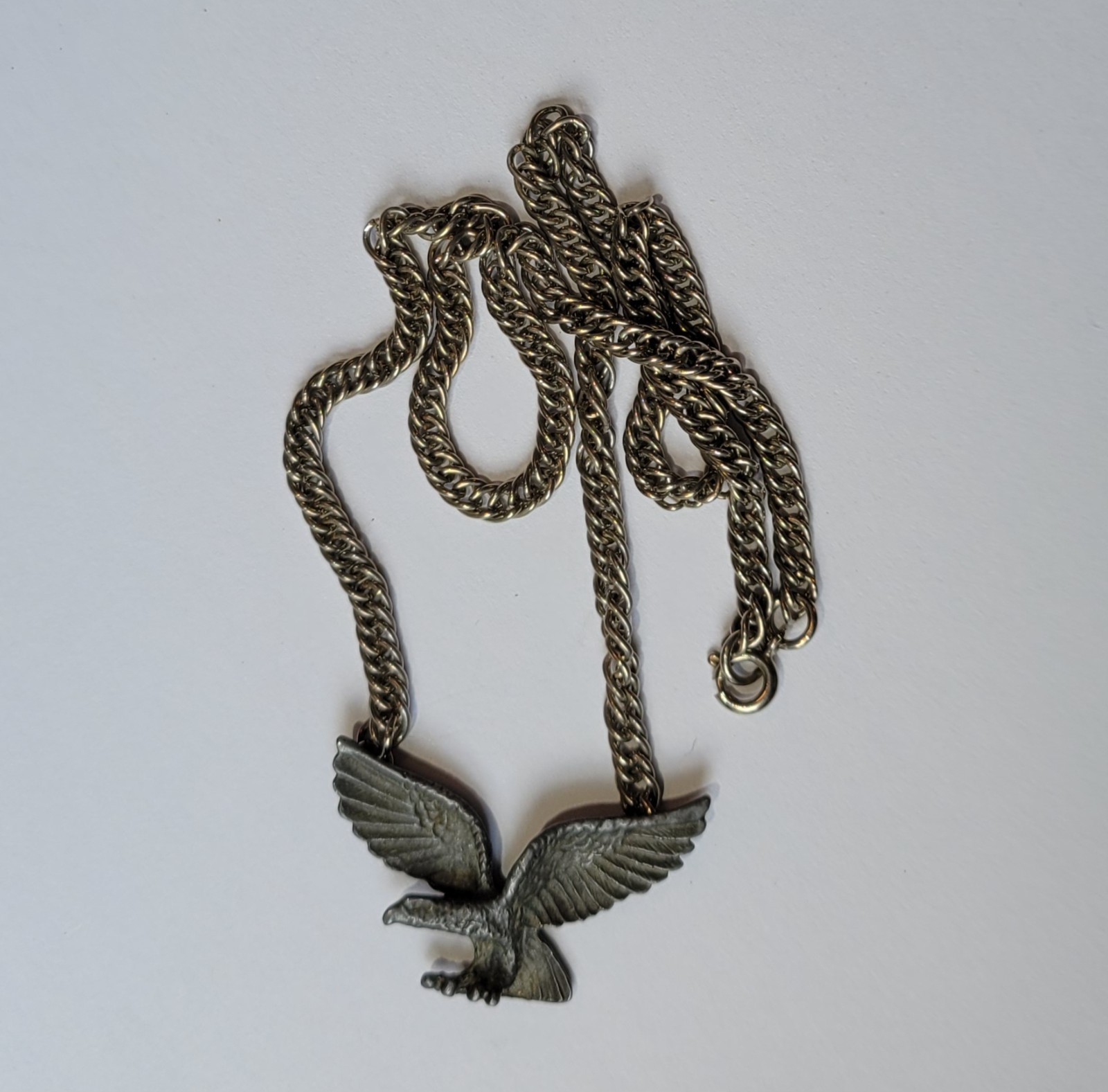 Pewter Flying Eagle Pendant 18in Chain Attached To Wing Tips Necklace Vintage