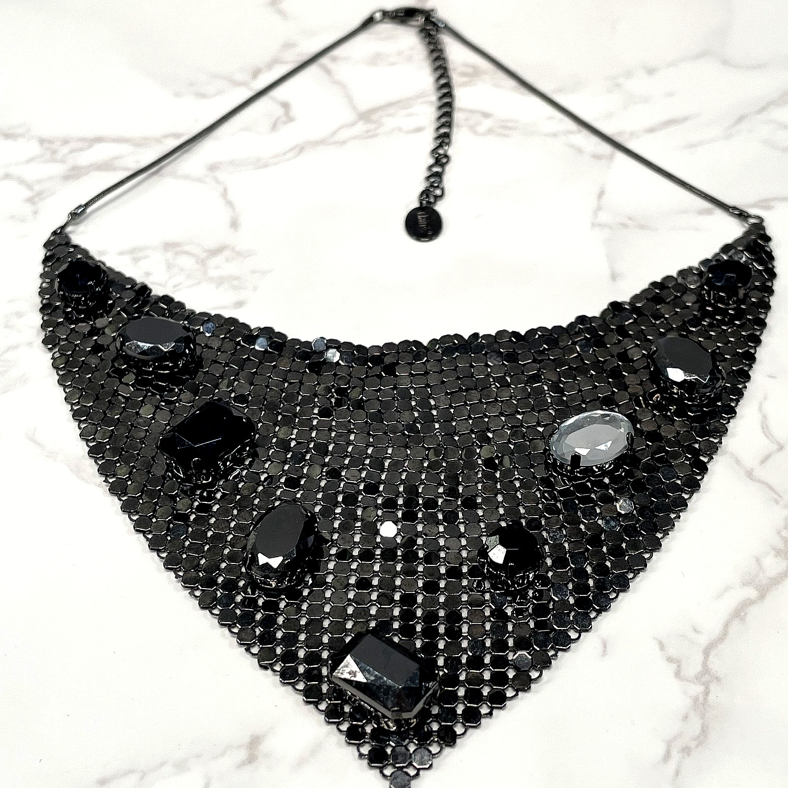 Claire’s Signed Black Liquid Metal Mesh Bib Necklace Gothic Rhinestone Statement