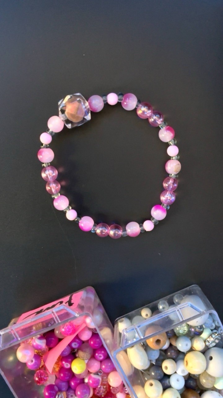 Handmade Women’s Pink Glass Beaded Bracelet, Round Beads, No Clasp