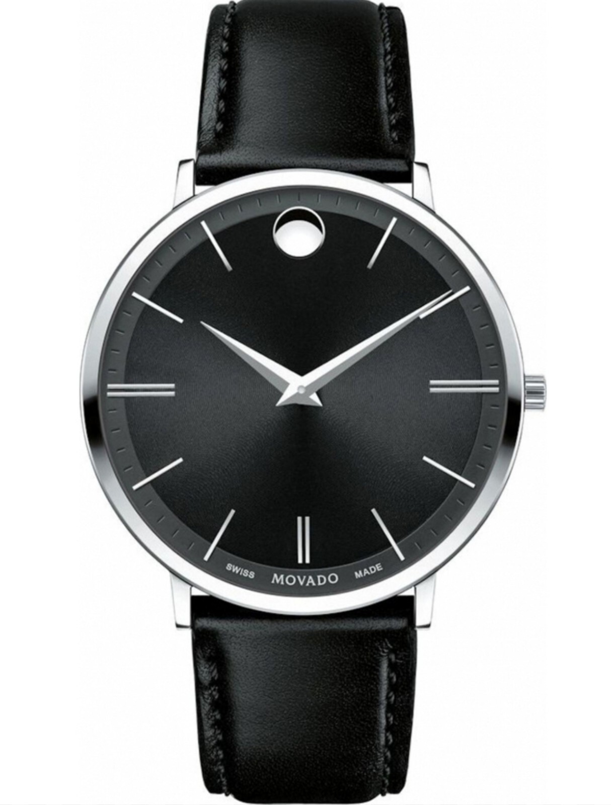 NEW MovadoUltra Slim Black Dial Leather Strap Men’s Swiss Watch 0607086