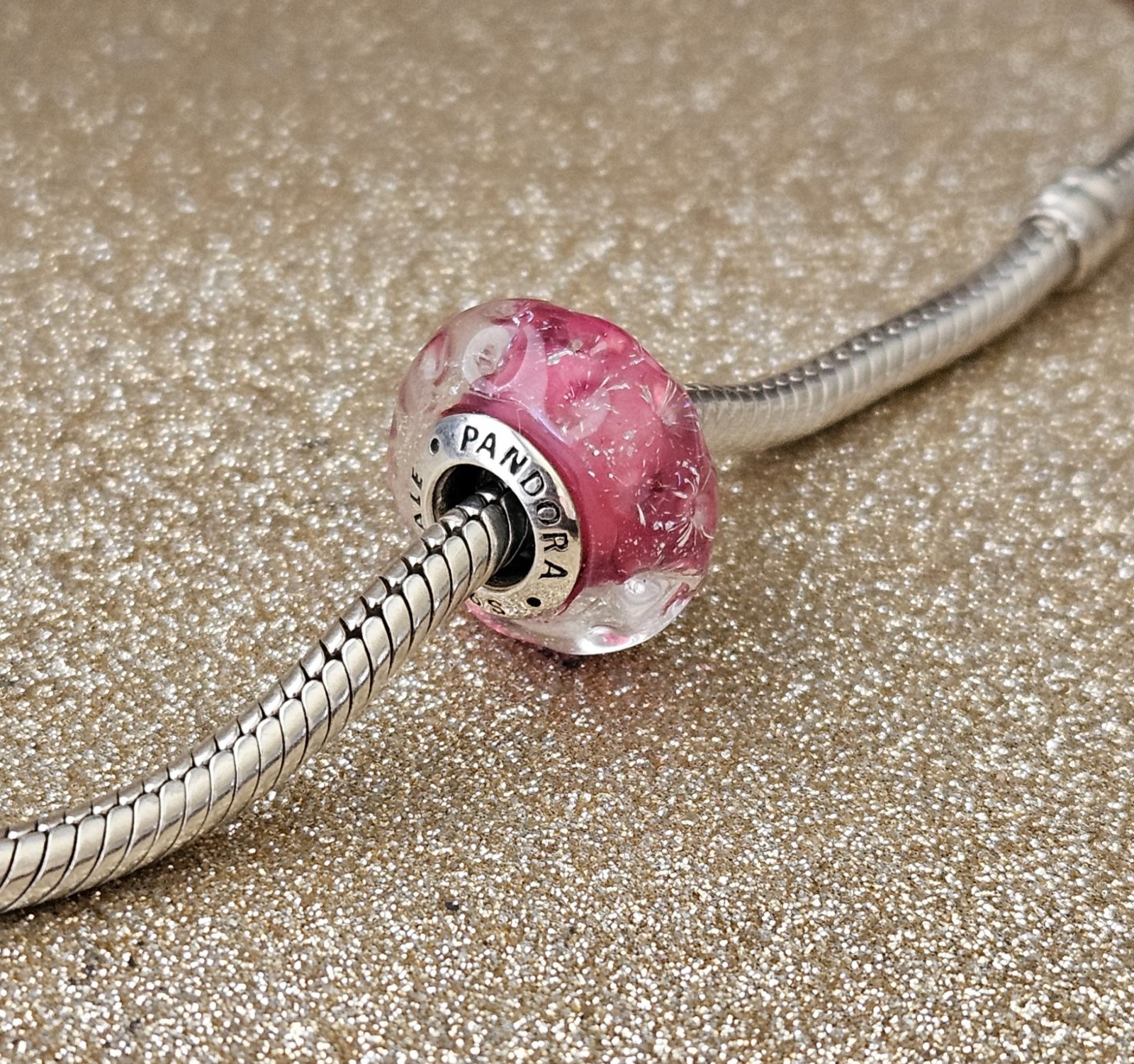 Authentic Pandora Wavy Fancy Pink Silver Murano Charm