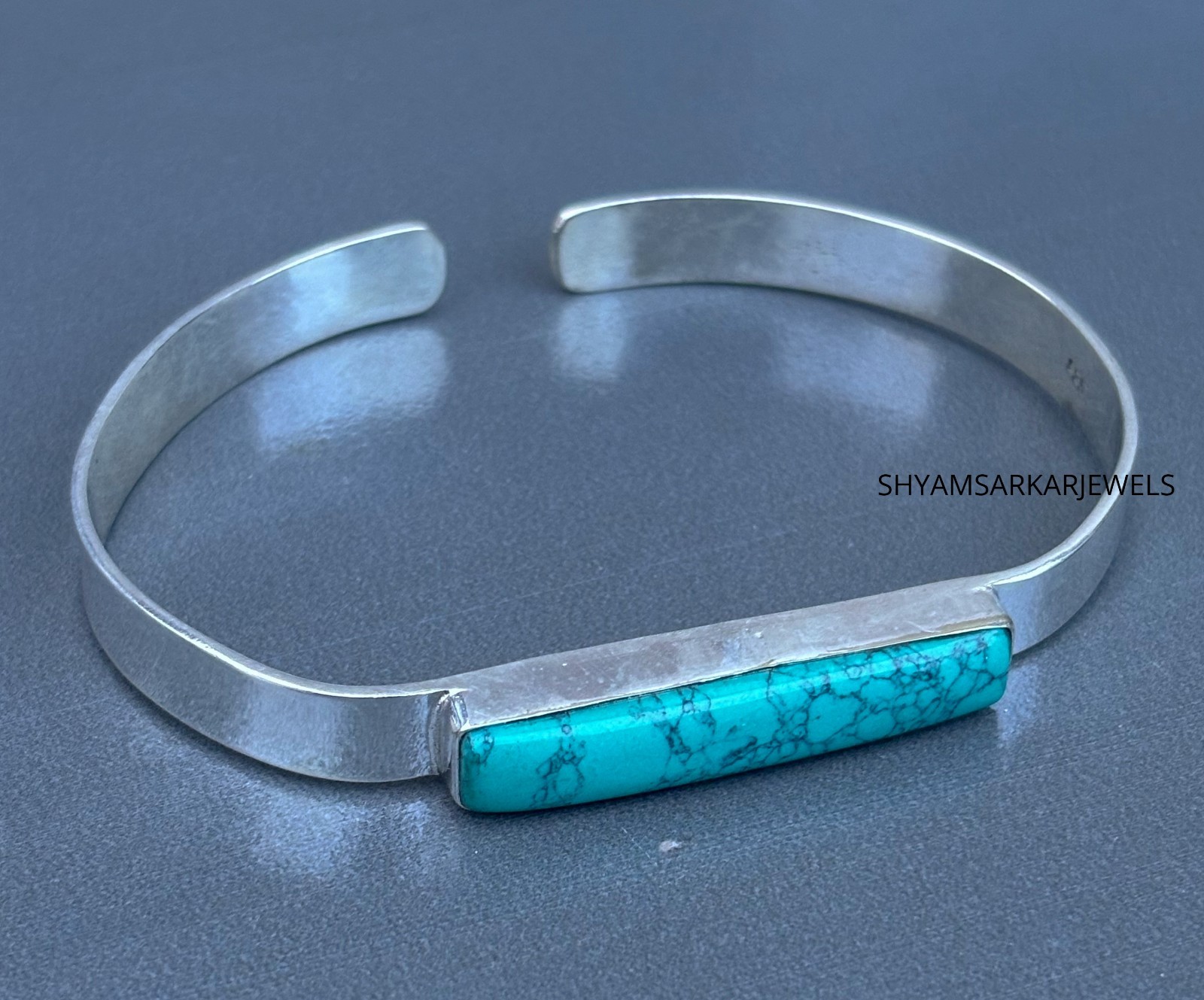 Turquoise Gemstone Open Cuff Bracelet 925 Silver Chunky Statement Bangle 7.5Inch