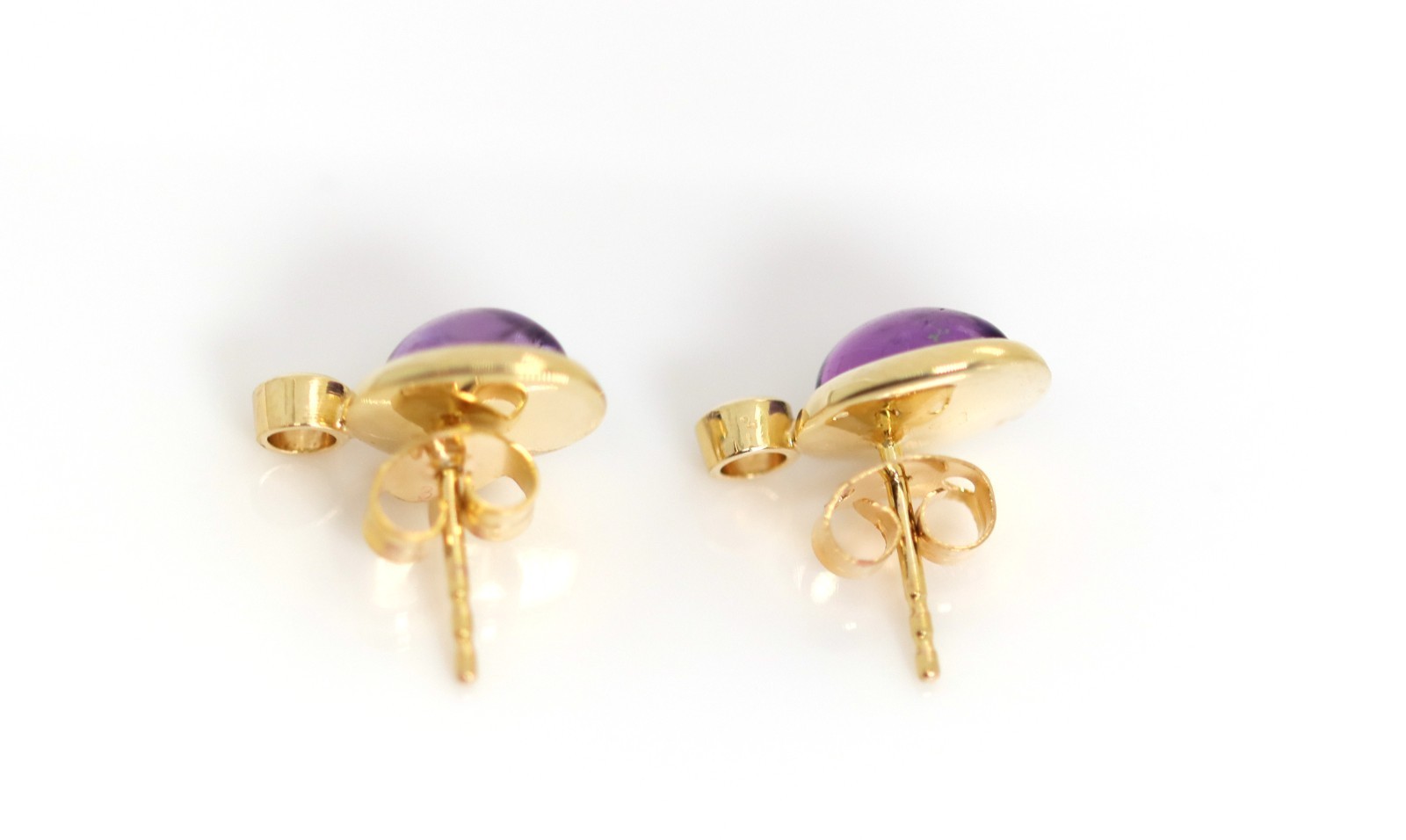 Ladies Yellow Gold Stud Earrings 8kt – 333 Purple Amethyst Cabochon + Cubic Zirconia, L: 14mm