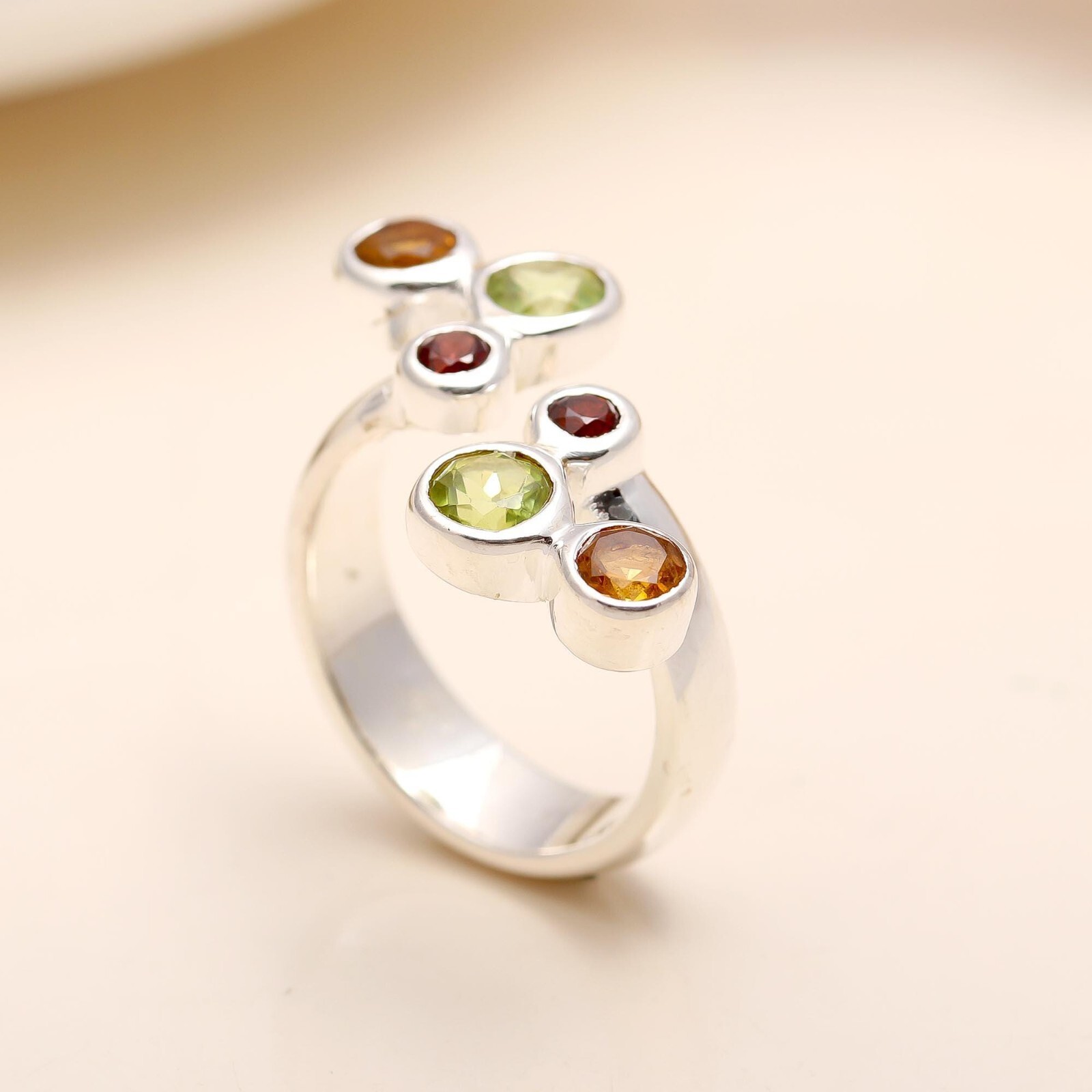 Peridot Gemstone Garnet Art Deco Statement Sister Prong Ring Jewelry 925 Silver