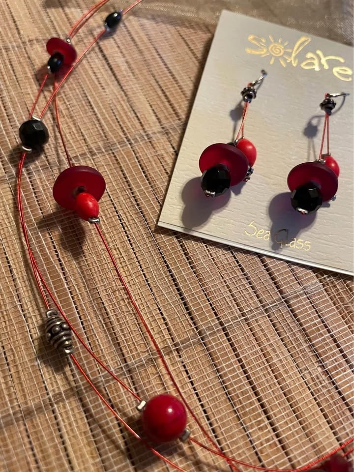 Solares Red Black Sea Glass Multi Strand Necklace Dangle Earrings Set NWT