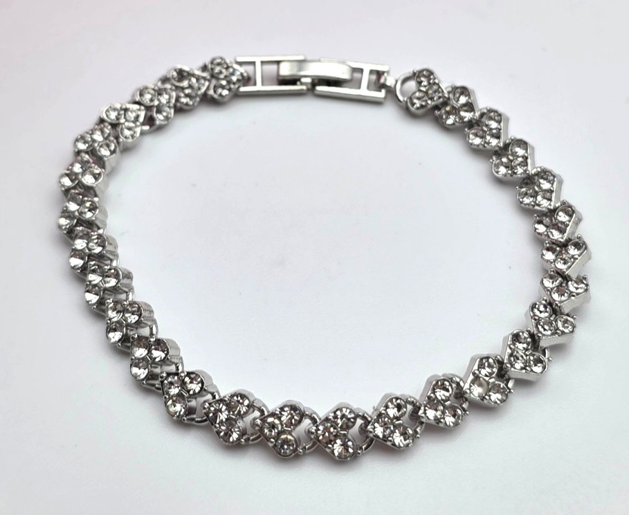 Vintage Silver Tone Clear Crystal Heart Link Tennis Bracelet 7″ Fold Over Clasp
