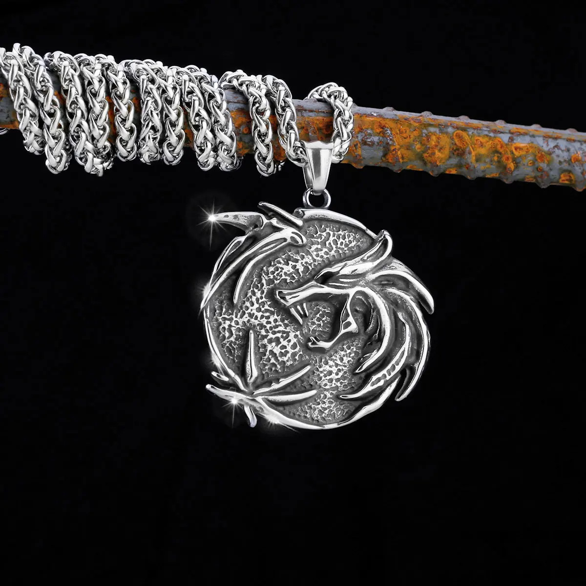 316L Stainless Steel Jewelry Vintage Viking Wolf Head Pendant Necklace Norse Vi