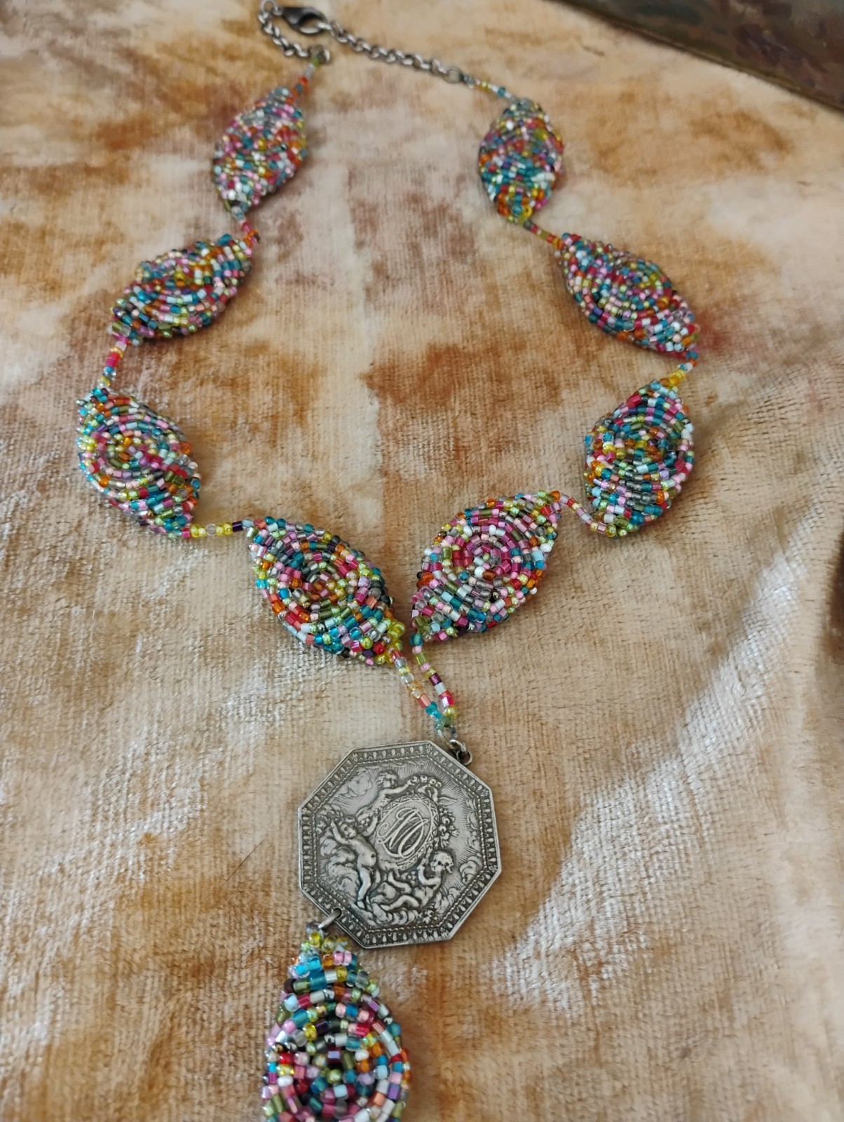 Stunning Antique Medal With Vintage Seed Beads Tassel Necklace Original