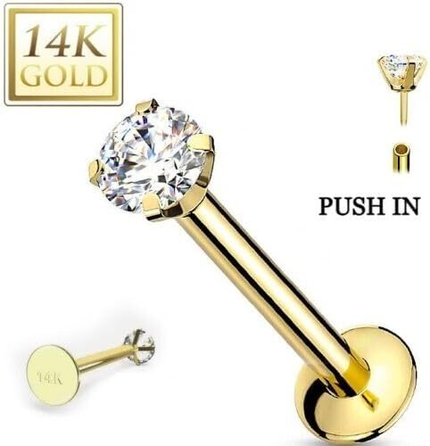 14K GOLD 20G 2mm CZ THREADLESS PUSH IN LIP LABRET TRAGUS EARRINGS Flat back STUD