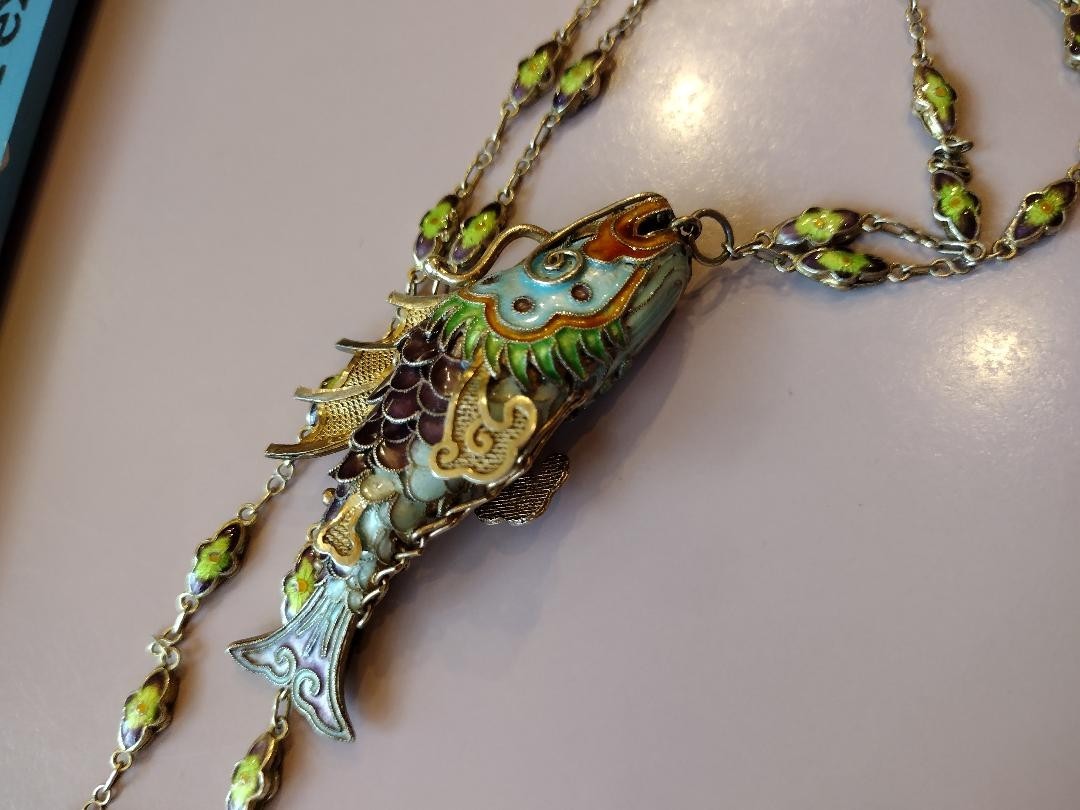 Vtg Chinese Koi Fish Necklace Silver Cloisonne Enamel Articulated Ships Free