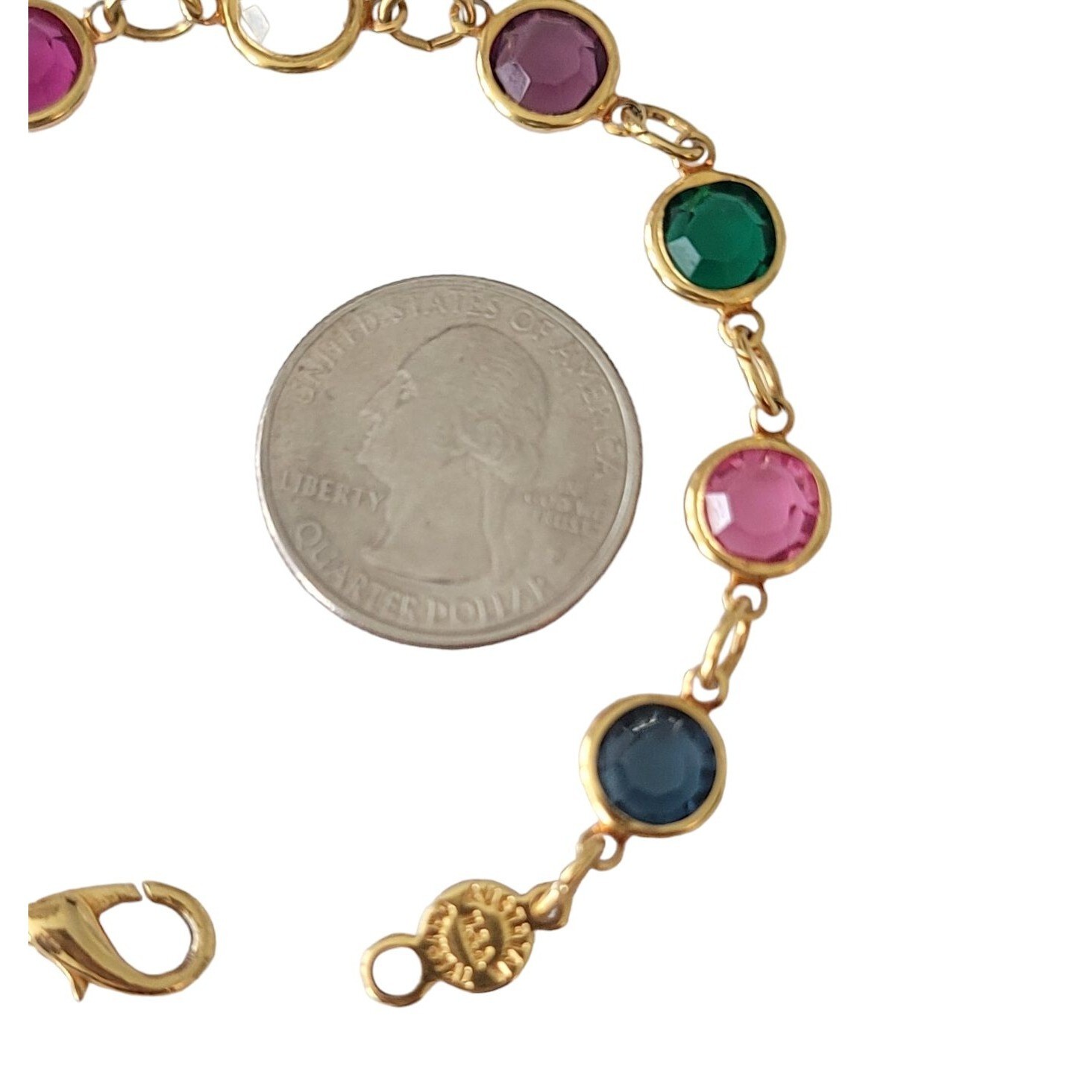 Austria Pink Blue Green Gold Tone Caged Crystal Chain Bracelet, 7.25″ Long E757