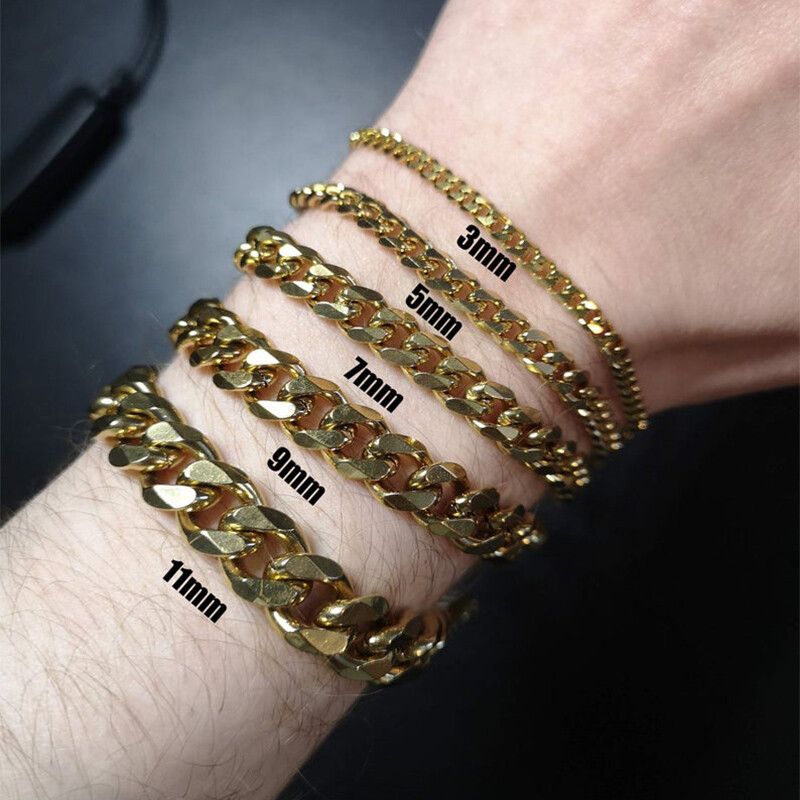 Men’s Curb Cuban Chain Bracelet Gold Plated Stainless Steel 3/5/7/9/11mm Width
