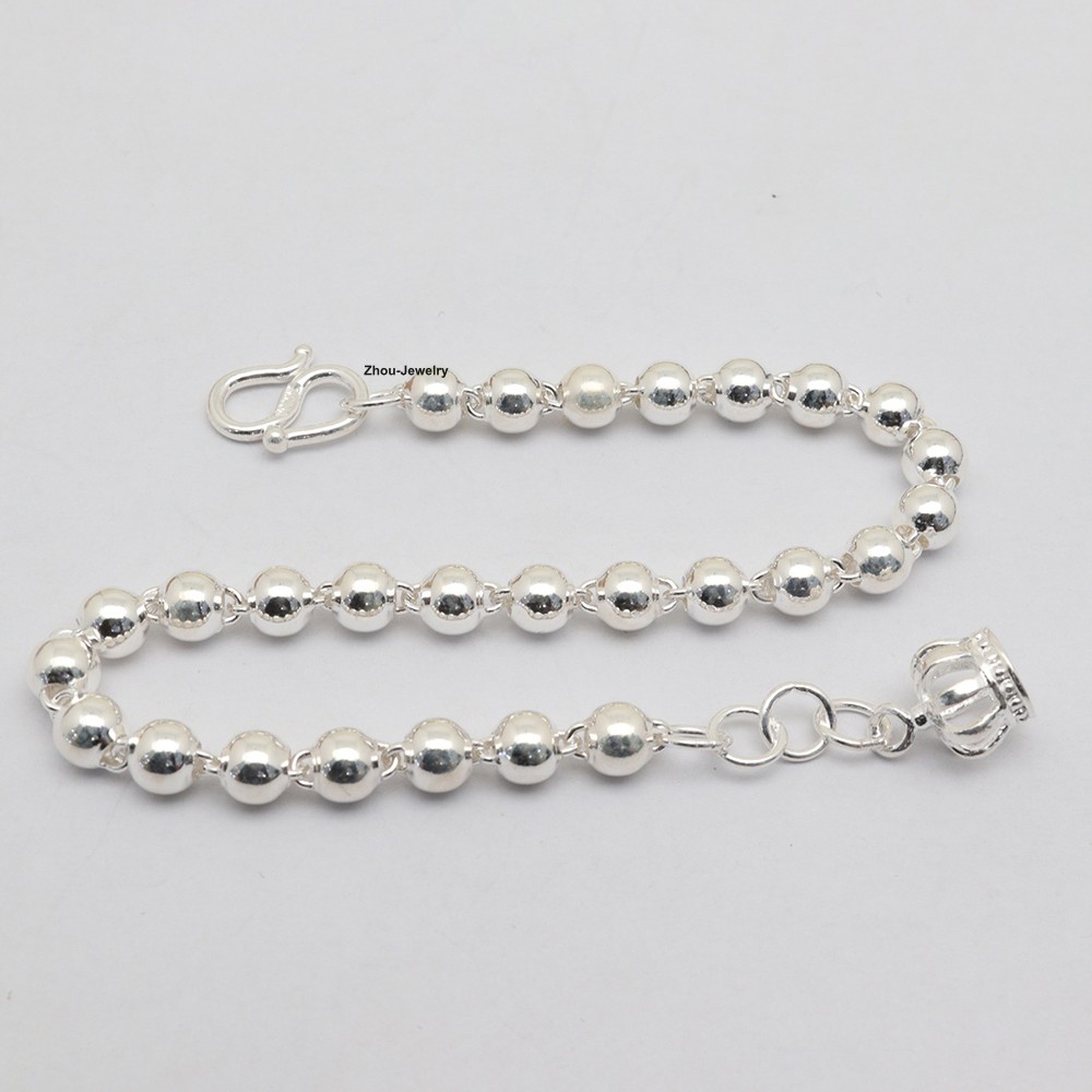 Pure 999 Fine Silver Women Bracelet 5mm Bead Link Bracelet 7.48inch Crown Charm