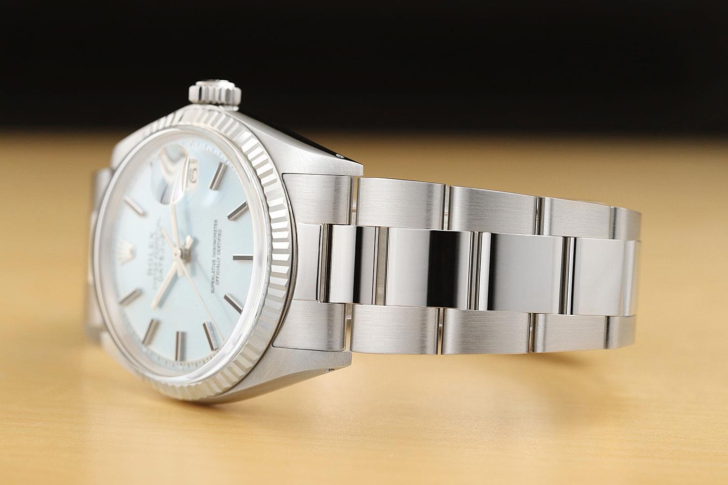 ROLEX MENS DATEJUST 18K WHITE GOLD STAINLESS STEEL ICE BLUE OYSTER WATCH