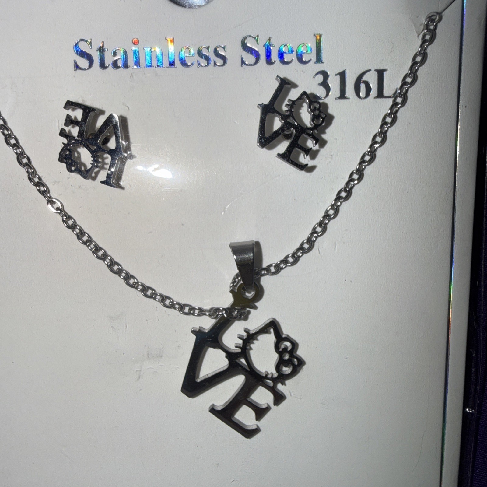 Set of Hello Kitty Love Inspired Necklace Silver Stainless Steel 17 ” & Earrings