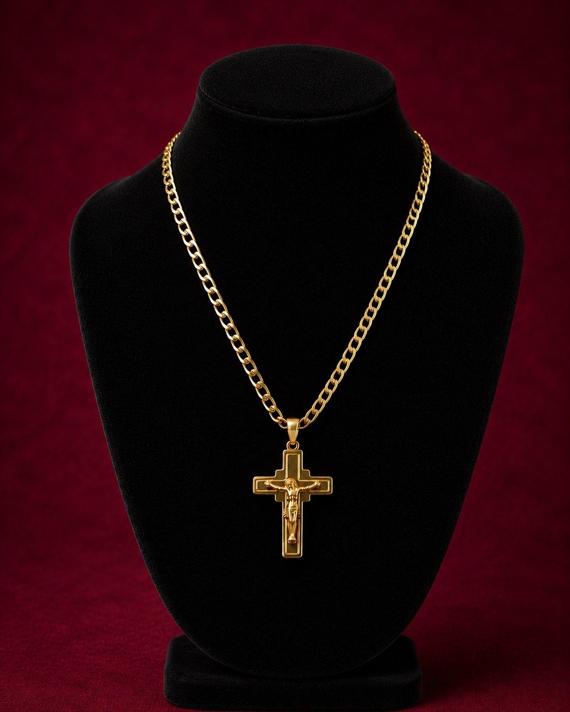 Yellow Gold Plated Cuban Link Chain Cross Charm Pendant Necklace Religious