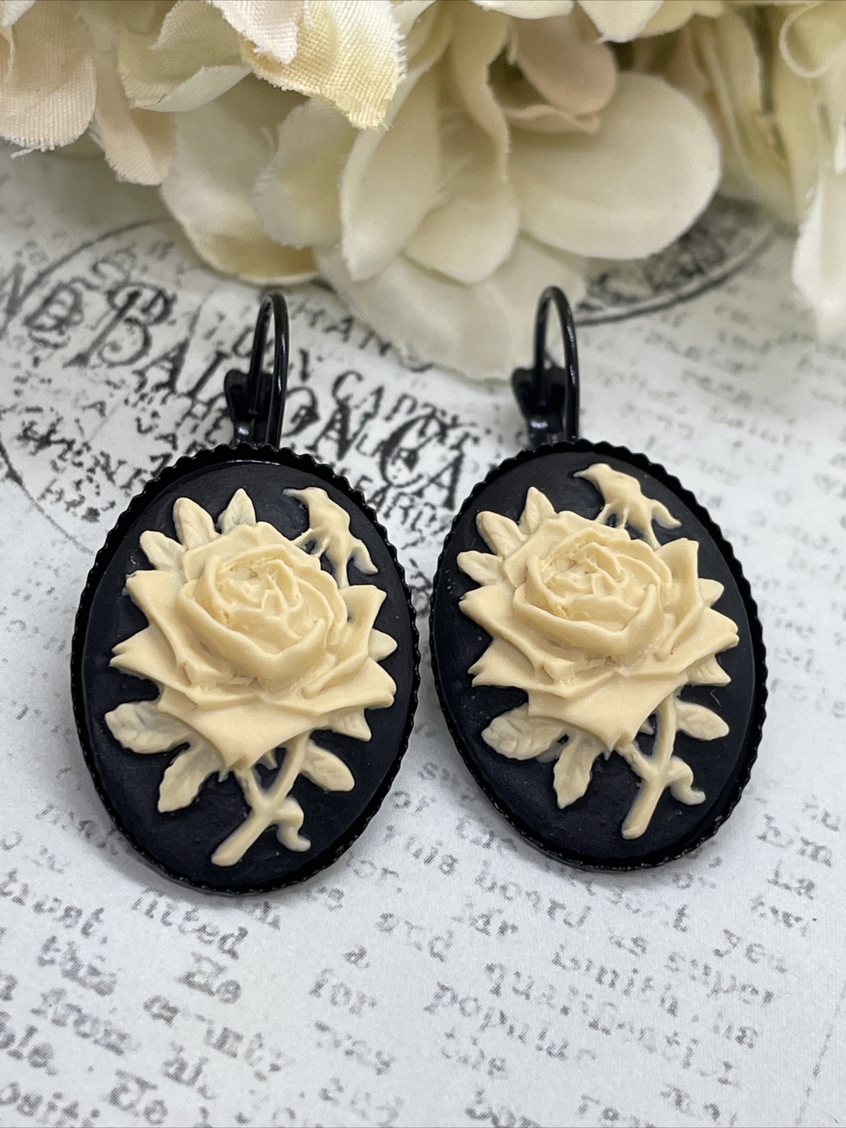 Rose Victorian Gift Wedding Cream & Black Setting Enamel Earrings Cameo Birthday