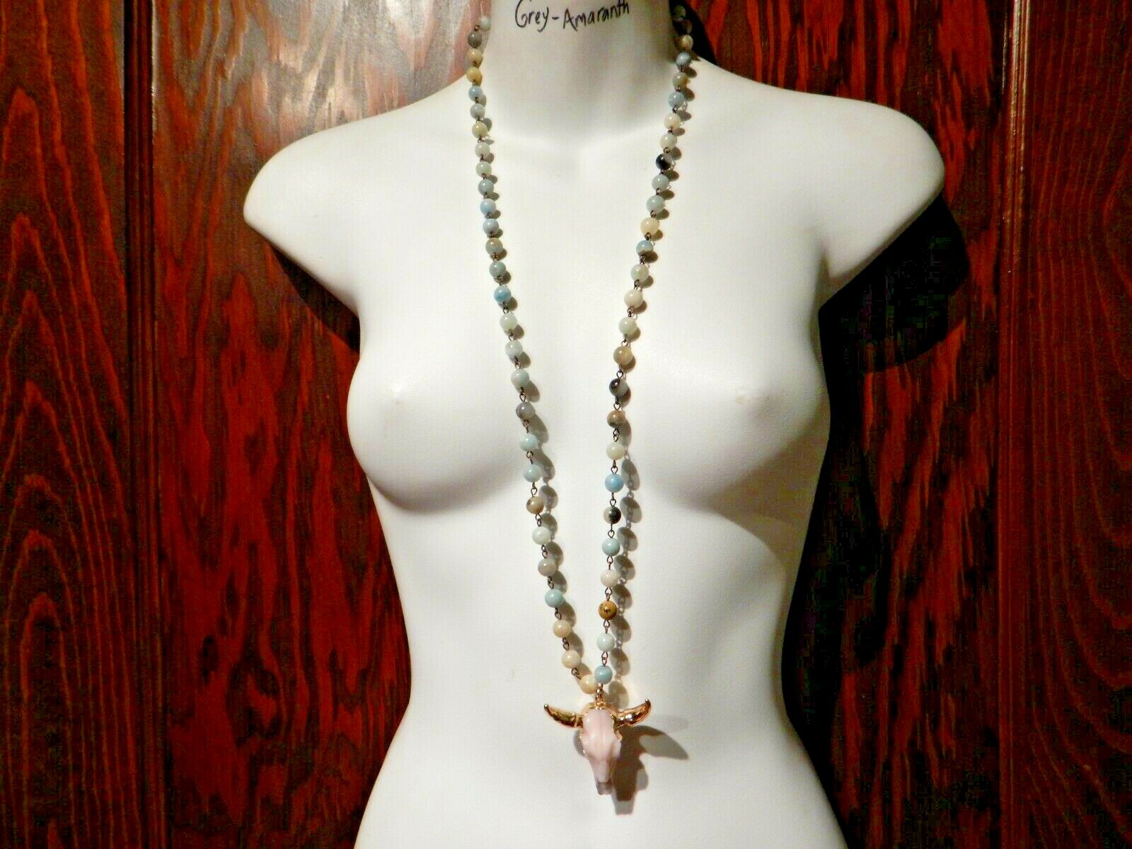 COW SKULL BEADED NECKLACE Amazonite stone blue goldtone ox bull cattle boho L5