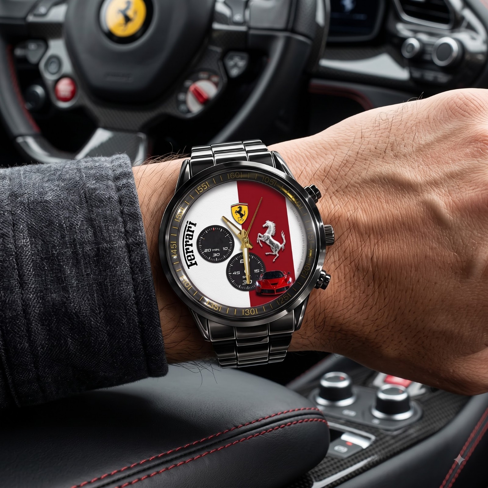 Ferrari Inspired Red Motorsport Watch Luxury Racing Black Stainless Steel Watch