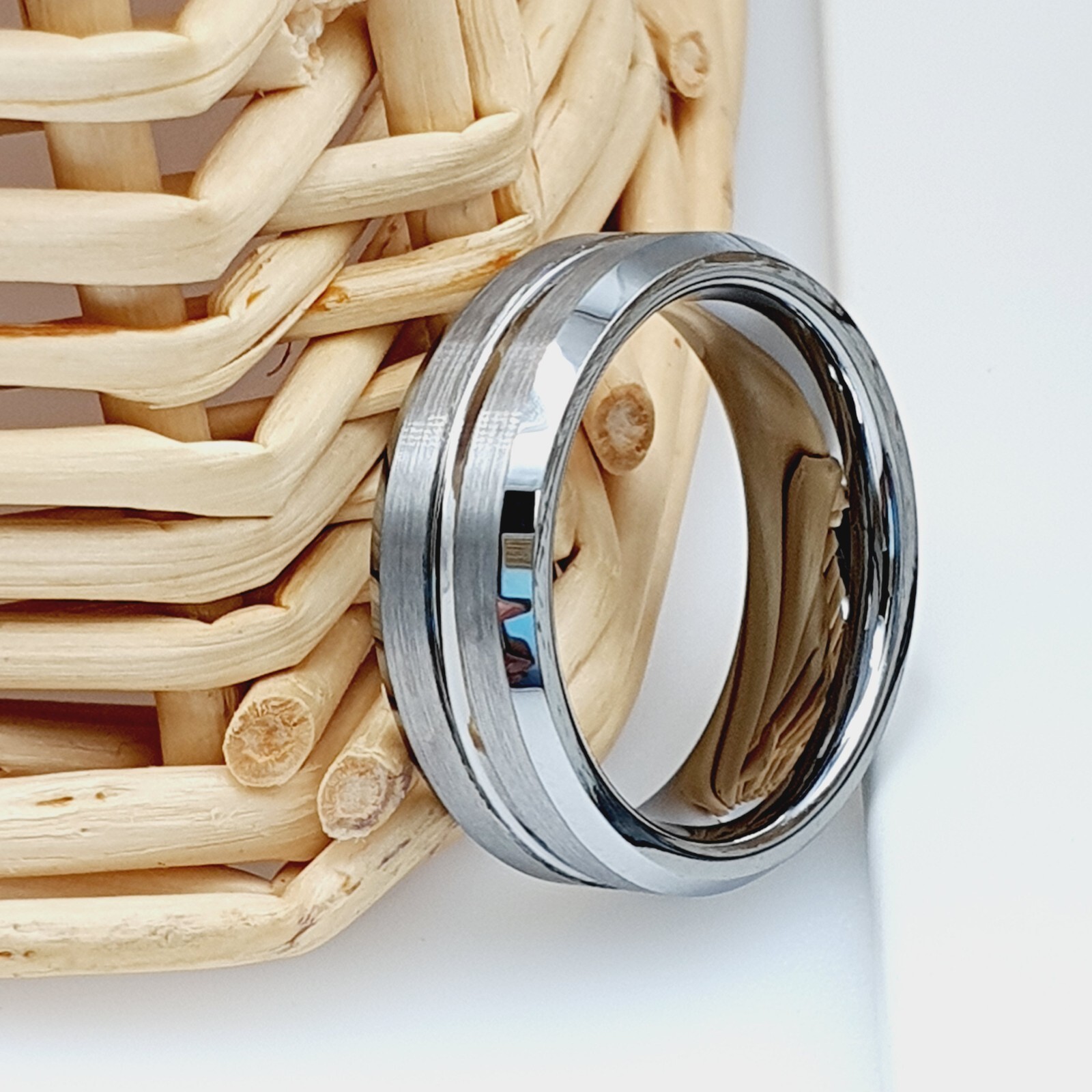 Matte Groove Tungsten Wedding Band Anniversary Promise Ring Silver Tungsten Ring