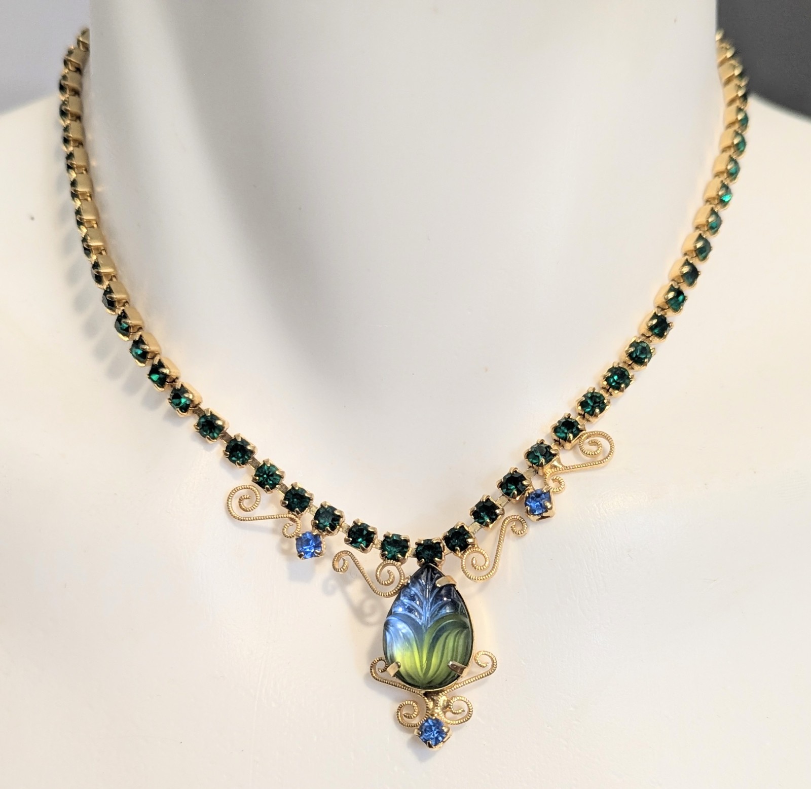 Vtg Juliana Style Molded Green Blue Givre Glass Rhinestone Costume Jewelry Set