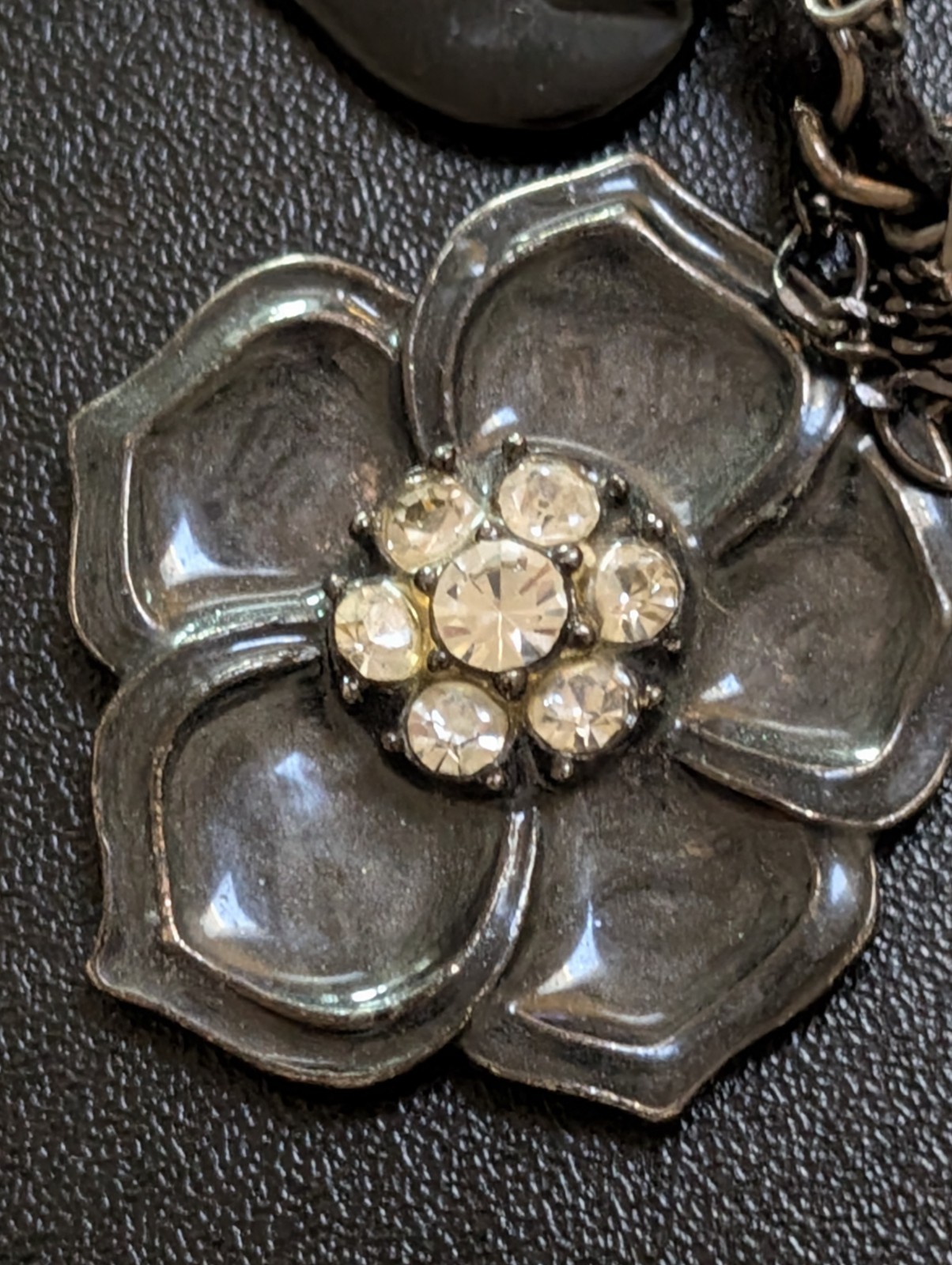 Multi Strand Flower Necklace Black Suede Rhinestone Choker Pendant, Whimsigoth