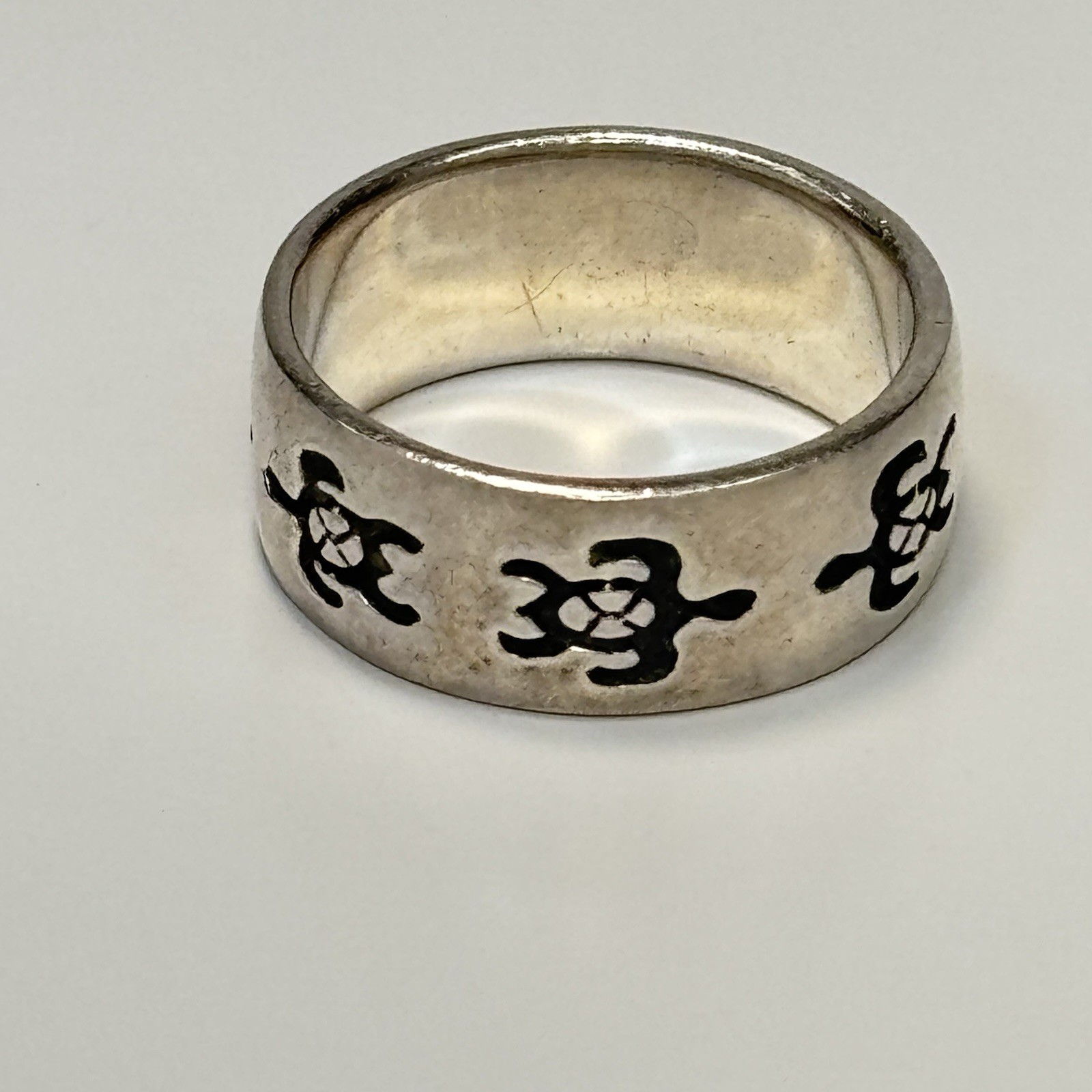 Vtg Peter Stone Sterling Silver 925 Turtle Theme 8mm Wide Band Ring Size 8.5