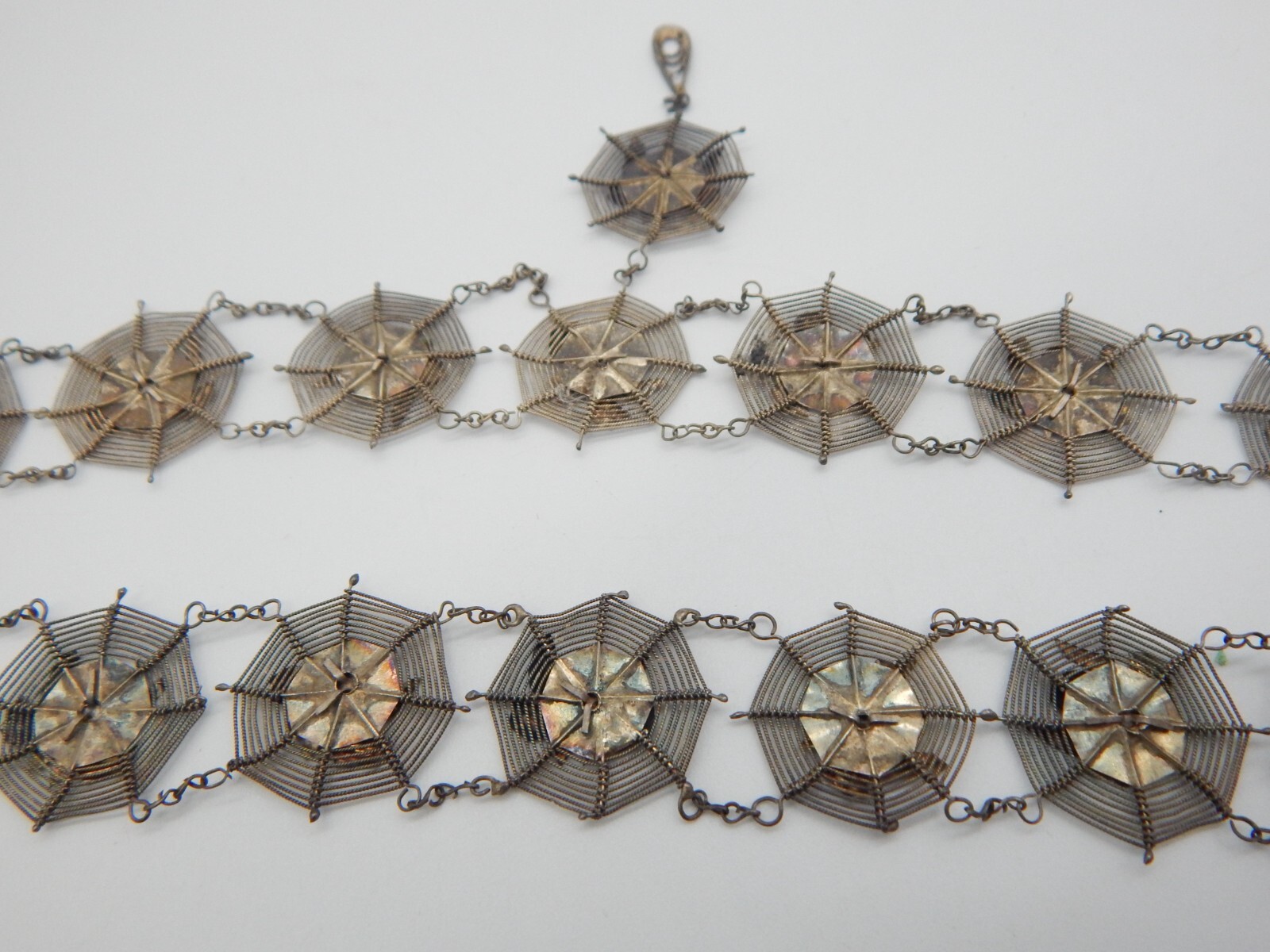 VTG 1940s Asian Silver Spiders on Spider Webs Necklace and Bracelet Set (CF110)