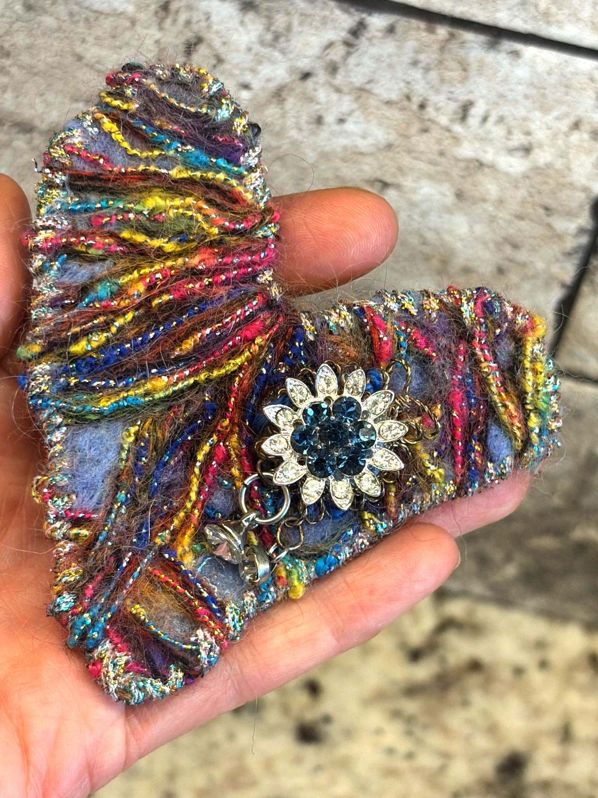 Vintage Handmade Fur Yarn HEART Pin Brooch Flower Rhinestone 3D Red Blue 3.75″