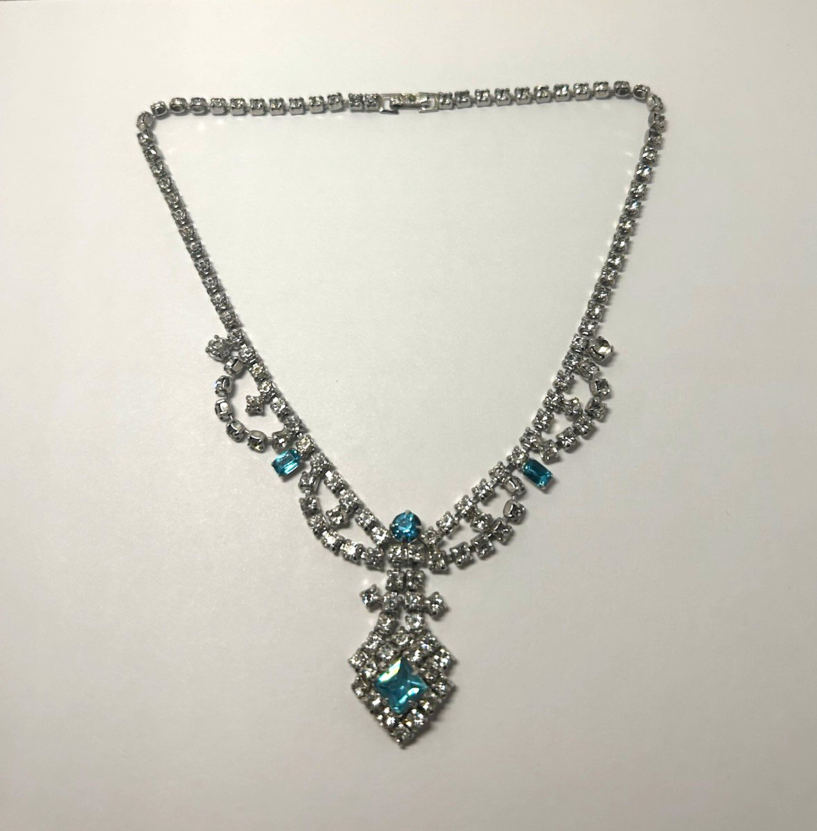 Silver Tone Tennis Chain Statement Necklace Blue Square Dangle Pendant