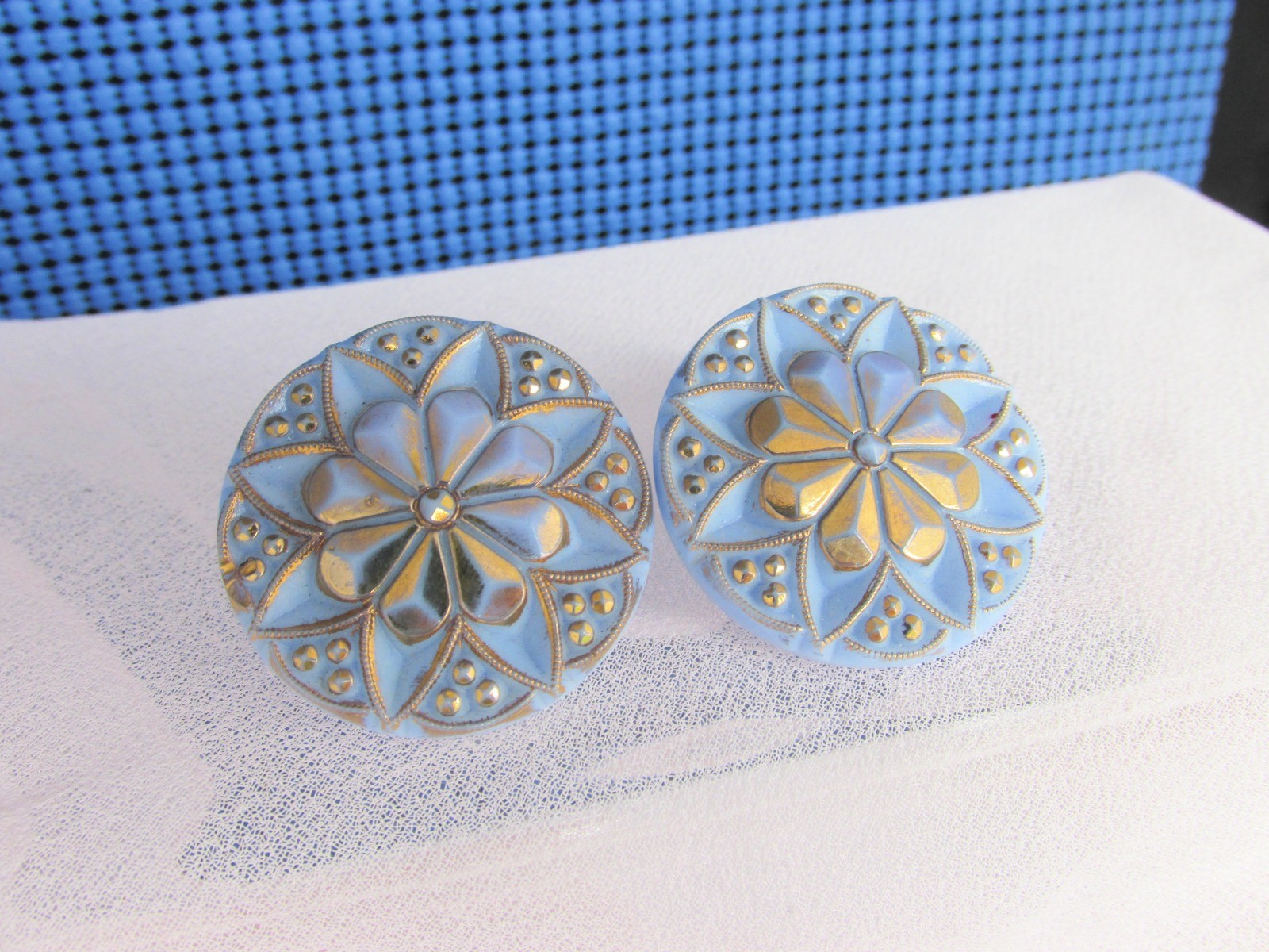 Vintage Periwinkle Blue Pressed Glass 1.5″ Earrings Clips Golden Accents