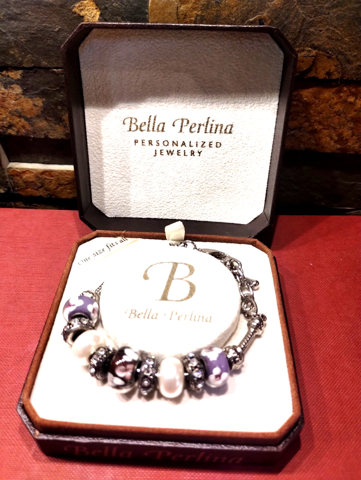 Bella Perlina Purple Glass White Freshwater Pearl Silver Tone Charm Bracelet