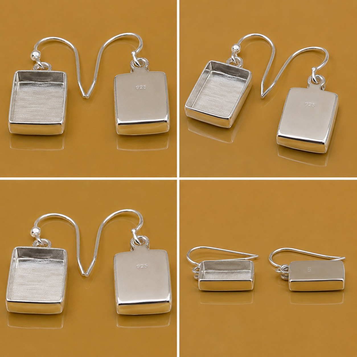 925 Sterling Silver 10x14mm Rectangle Bezel Hook Earrings Jewelry Setting