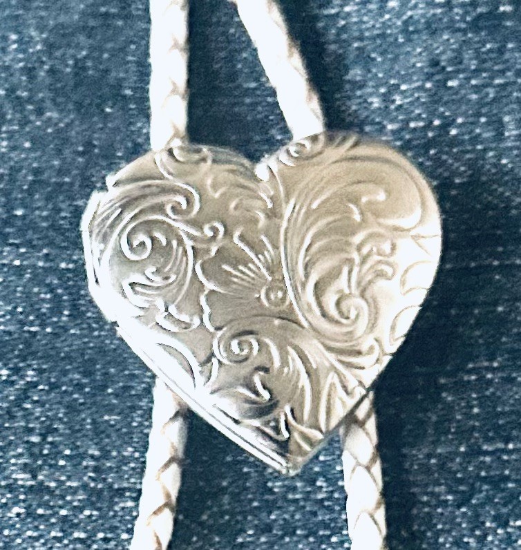 Vintage Style Heart Locket Bolo Tie White Leather Cord FREE SHIPPING