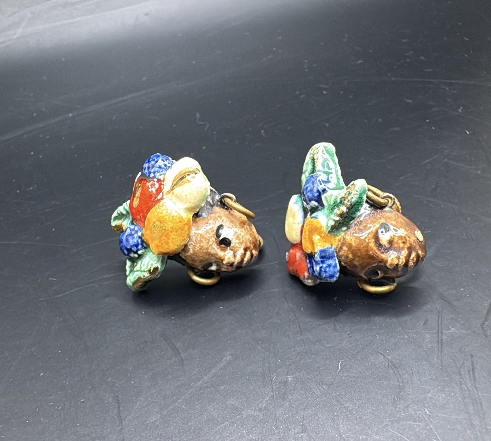 Vtg Ceramic Enamel Carmen Miranda Fruit Salad Hat Lady Screw Back Earrings