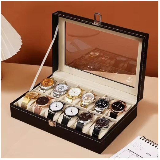 1PC 12-Slot Watch Organizer Case with Lock & Removable Pillows | PU Leather Stor