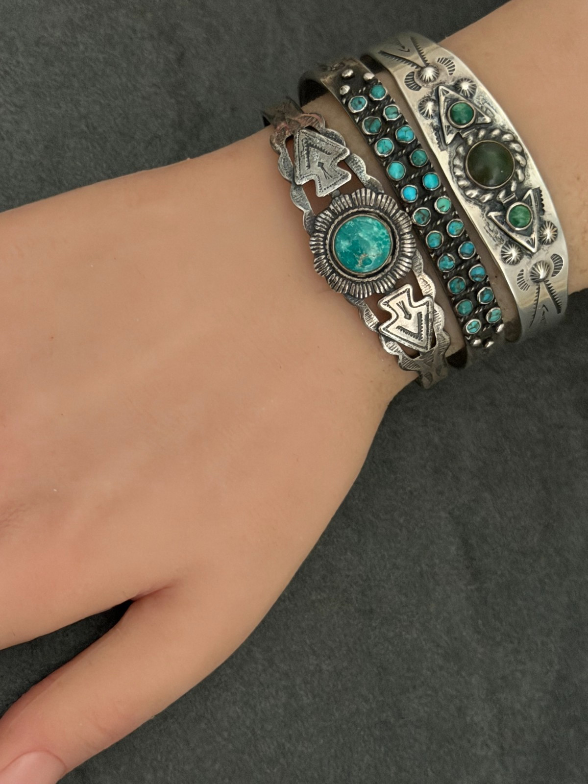 Vintage FRED HARVEY era Navajo ARROW HEAD Turquoise Sterling Bracelet 6.75in
