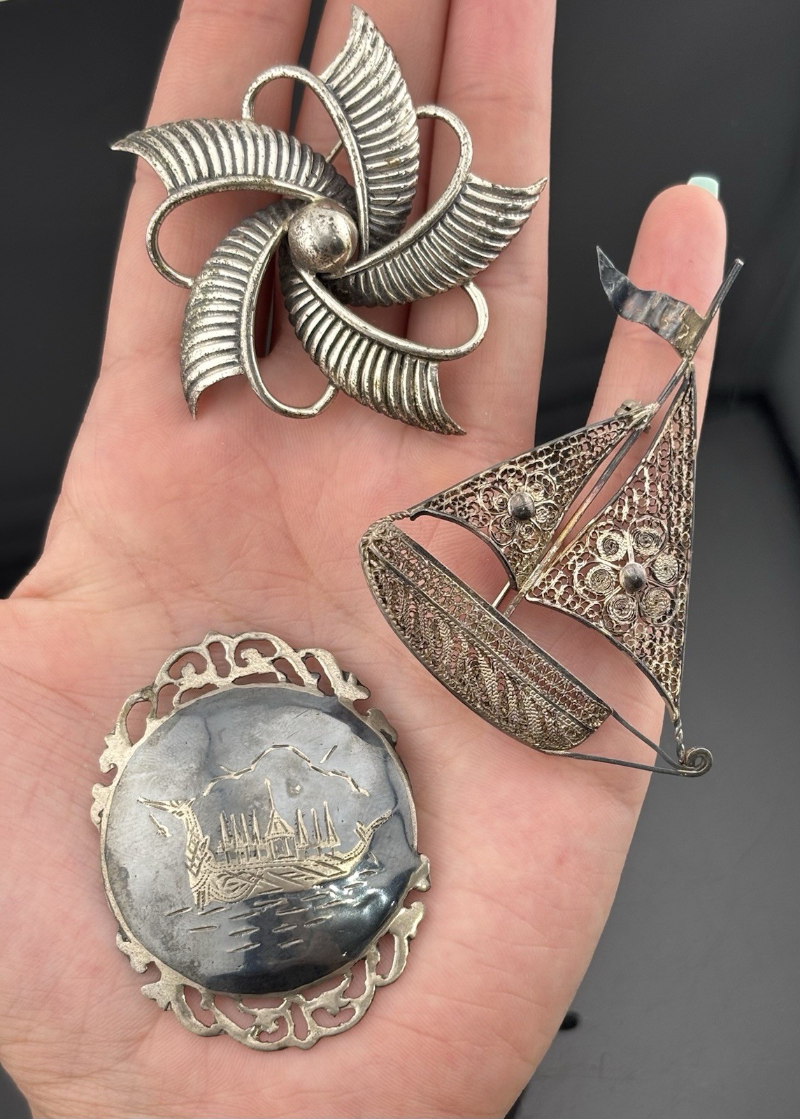 VTG Sterling Silver Brooch Lot Sailboat Dragon Boat Danecraft Pinwheel Filigree