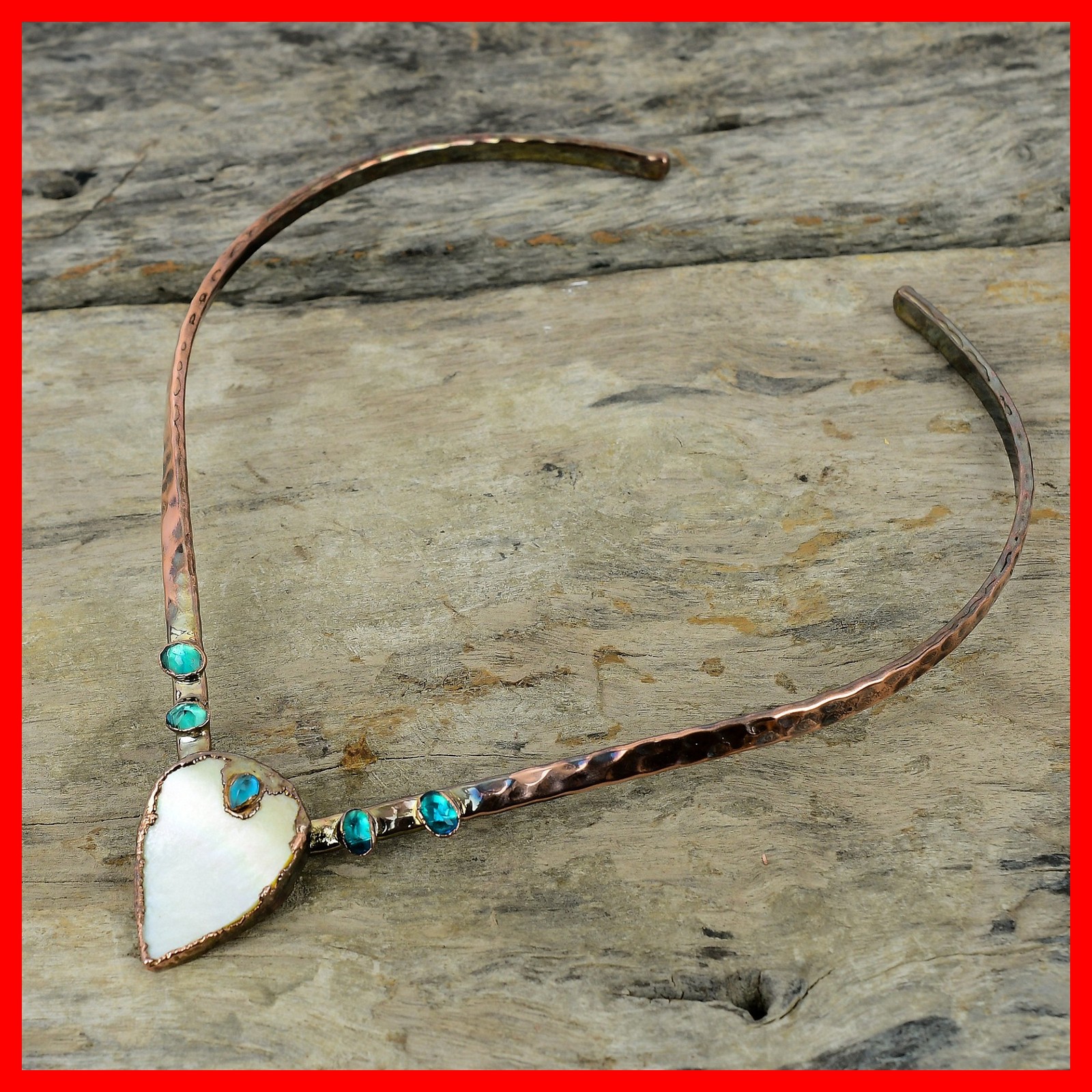 Mother Of Pearl Stone Indicolite Electroformed Choker Necklace Jewelry Copper